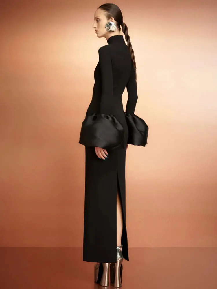 2024 Elegant Women's Black Maxi Dress Stand up Neck Flare Sleeves Bodycon Bandage Long Dresses Cocktail Evening Party Vestidos - Image 5