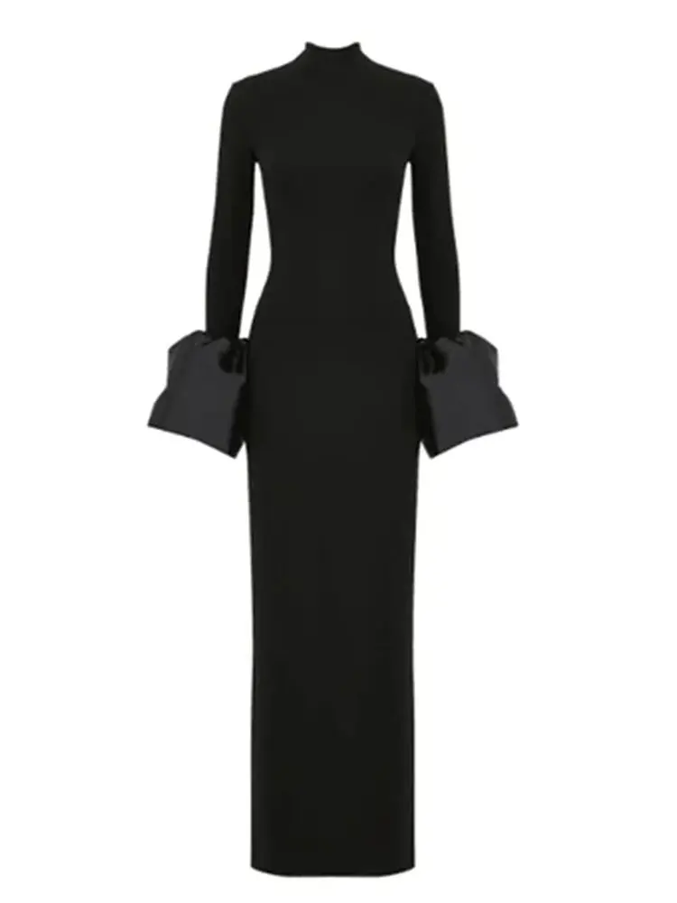 2024 Elegant Women's Black Maxi Dress Stand up Neck Flare Sleeves Bodycon Bandage Long Dresses Cocktail Evening Party Vestidos - Image 8