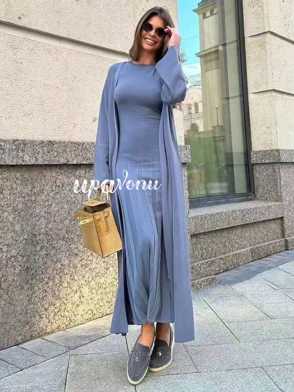 2024 Elegant Women'S Knitted Sweater Dresses Sets With Cardigan Long Jacket+Bodycon Pleated Long Knitted Dress Two-Piece Set - Image 3
