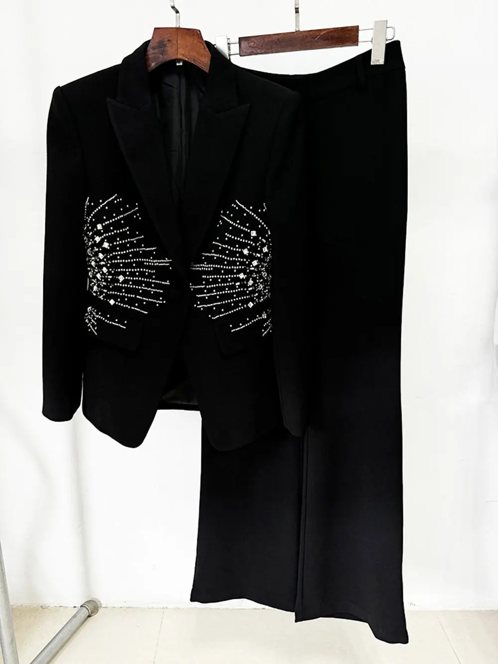 2024 Elegant Women's Light Luxury Diamond Design Suit Pants Set with Collar Long Sleeve Slim Fit Suit Coat+Two Piece Pants Set