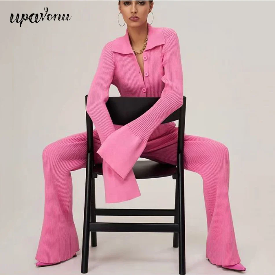 2024 Fashion Slim Knit Pants Set Lapel Flare Long Sleeve Single Breasted Cardigan Sweater & Trousers Two-Piece Set