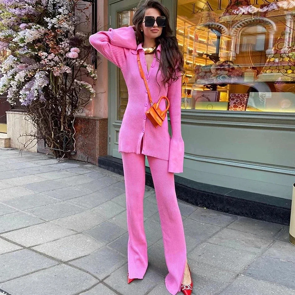 2024 Fashion Slim Knit Pants Set Lapel Flare Long Sleeve Single Breasted Cardigan Sweater & Trousers Two-Piece Set - Image 2