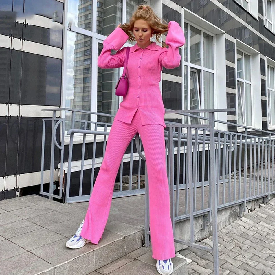 2024 Fashion Slim Knit Pants Set Lapel Flare Long Sleeve Single Breasted Cardigan Sweater & Trousers Two-Piece Set - Image 3