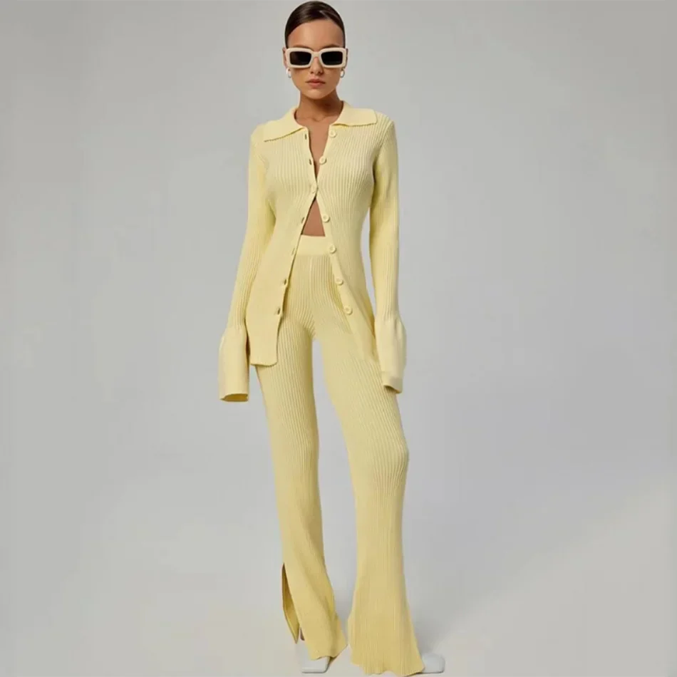 2024 Fashion Slim Knit Pants Set Lapel Flare Long Sleeve Single Breasted Cardigan Sweater & Trousers Two-Piece Set - Image 5