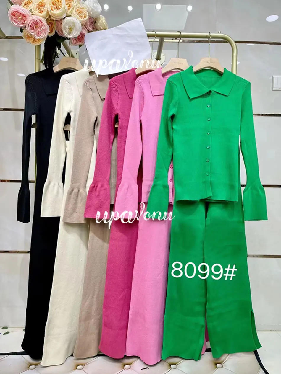 2024 Fashion Slim Knit Pants Set Lapel Flare Long Sleeve Single Breasted Cardigan Sweater & Trousers Two-Piece Set - Image 6
