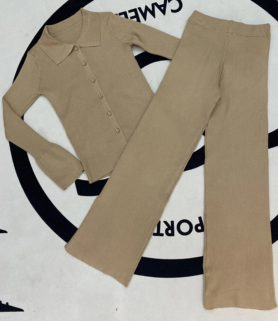 2024 Fashion Slim Knit Pants Set Lapel Flare Long Sleeve Single Breasted Cardigan Sweater & Trousers Two-Piece Set - Image 8