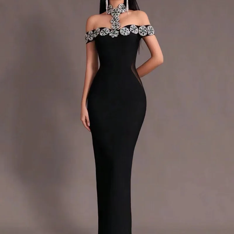 2024 Heavy Industry Beaded Women Sexy Bandage Dress Hanging Neck Style Card Shoulder Sleeve Bodycon Off Back Long Dress Vestidos - Image 2