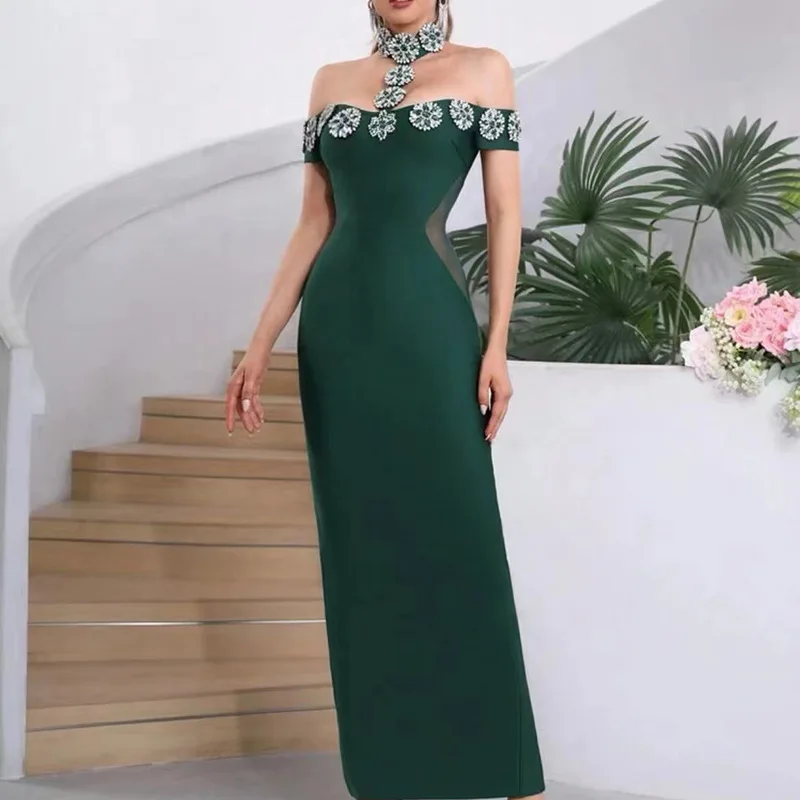 2024 Heavy Industry Beaded Women Sexy Bandage Dress Hanging Neck Style Card Shoulder Sleeve Bodycon Off Back Long Dress Vestidos - Image 3