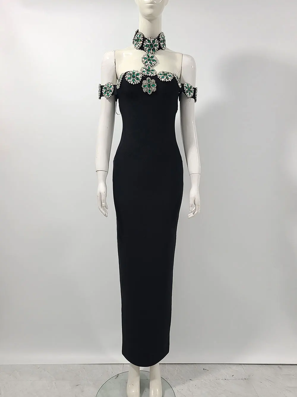 2024 Heavy Industry Beaded Women Sexy Bandage Dress Hanging Neck Style Card Shoulder Sleeve Bodycon Off Back Long Dress Vestidos - Image 6