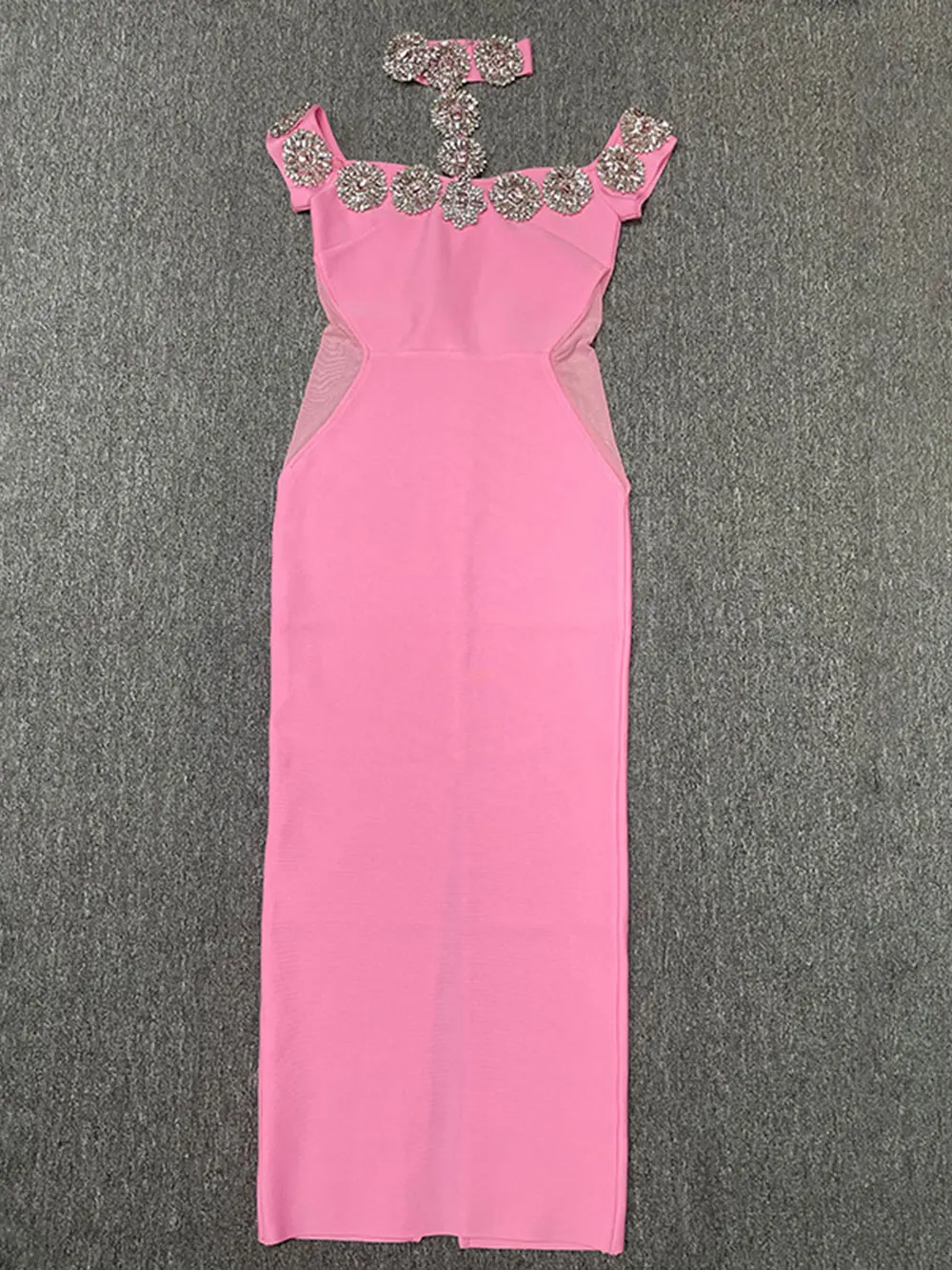2024 Heavy Industry Beaded Women Sexy Bandage Dress Hanging Neck Style Card Shoulder Sleeve Bodycon Off Back Long Dress Vestidos - Image 8