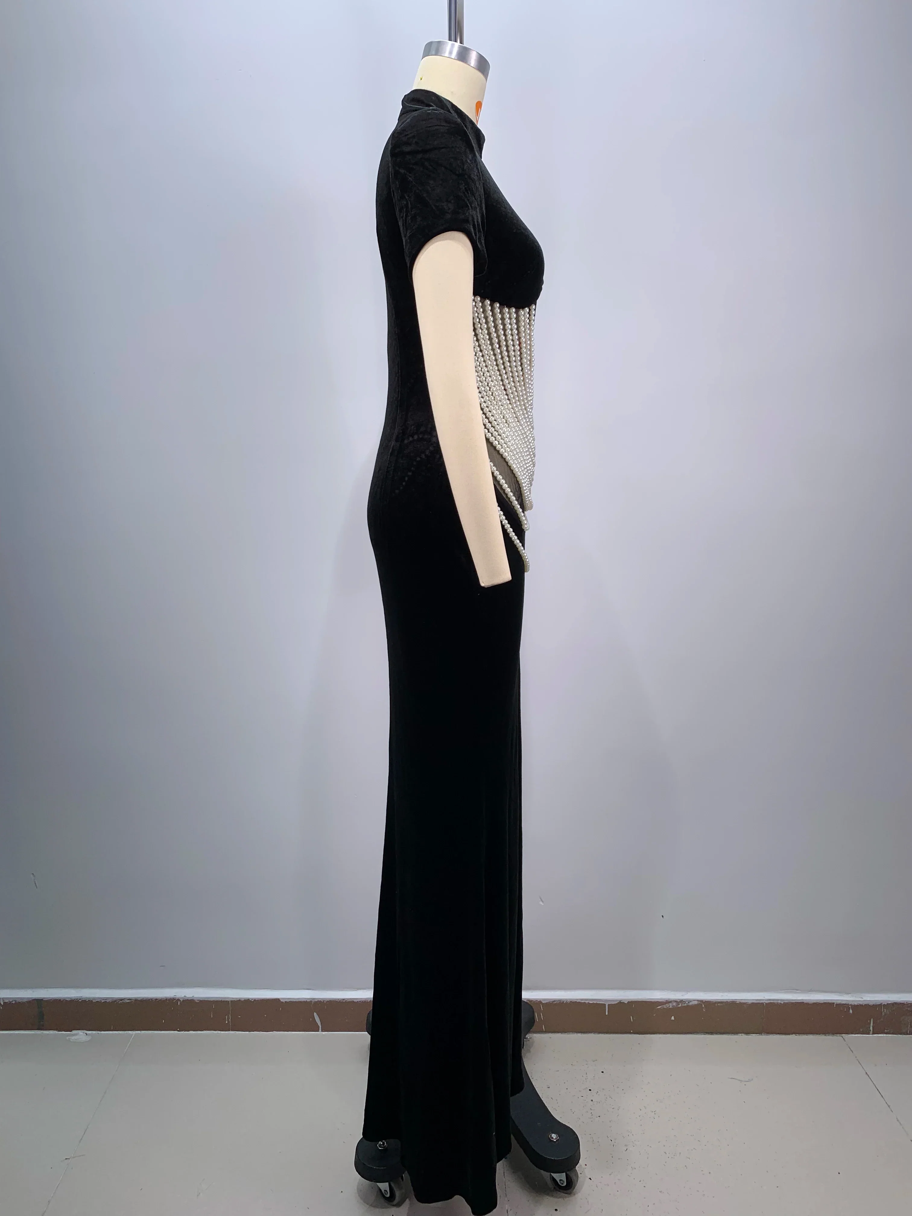 2024 New Celebrity Red Carpet Dress Women Sexy Short Sleeve Pearl Beading Bodycon Long Dress Evening Party Prom Outfit Vestido - Image 4