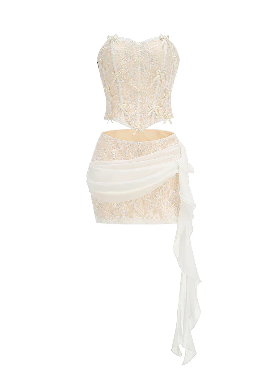 2024 New Fashion White Color Women Sexy Strapless 2 Pieces Bodycon Lace Draped Mini Dress Birthday Party Girls' Date Outfit - Image 6