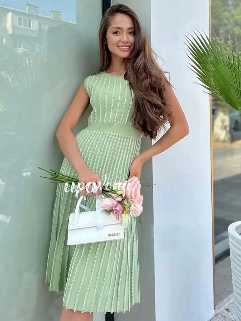 2024 Listing Elegant Striped Knit Dress Women O-neck Sleeveless A-line Dresses Club Evening Party Midi Vestido - Image 10