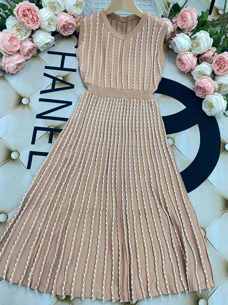 2024 Listing Elegant Striped Knit Dress Women O-neck Sleeveless A-line Dresses Club Evening Party Midi Vestido - Image 11