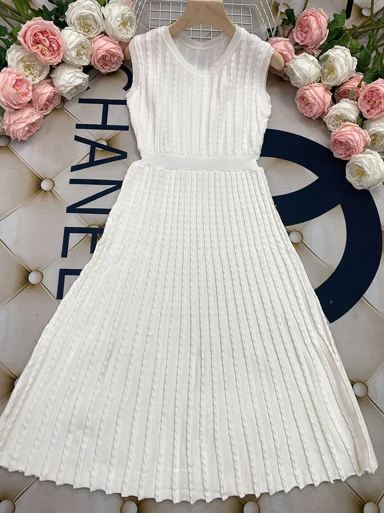 2024 Listing Elegant Striped Knit Dress Women O-neck Sleeveless A-line Dresses Club Evening Party Midi Vestido - Image 12