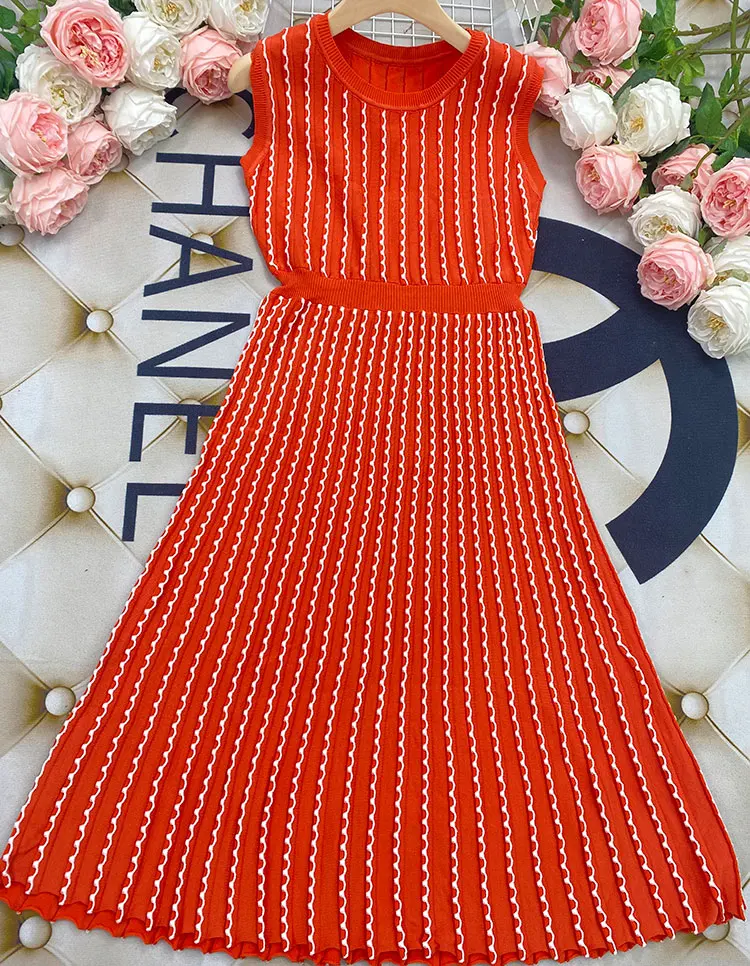 2024 Listing Elegant Striped Knit Dress Women O-neck Sleeveless A-line Dresses Club Evening Party Midi Vestido - Image 13