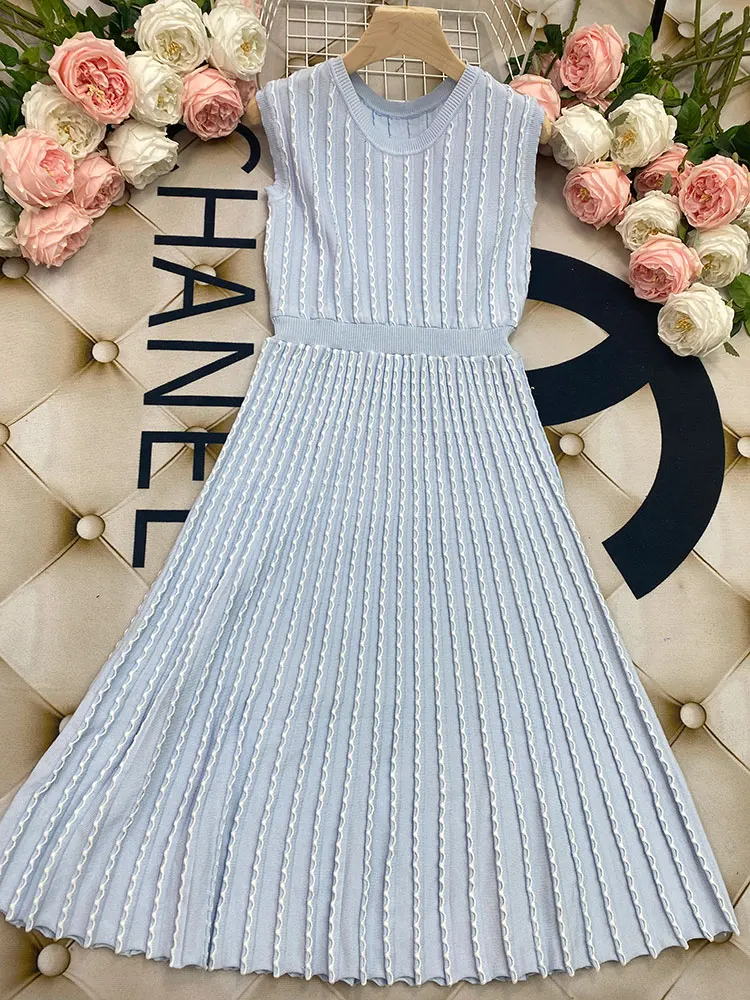 2024 Listing Elegant Striped Knit Dress Women O-neck Sleeveless A-line Dresses Club Evening Party Midi Vestido - Image 2