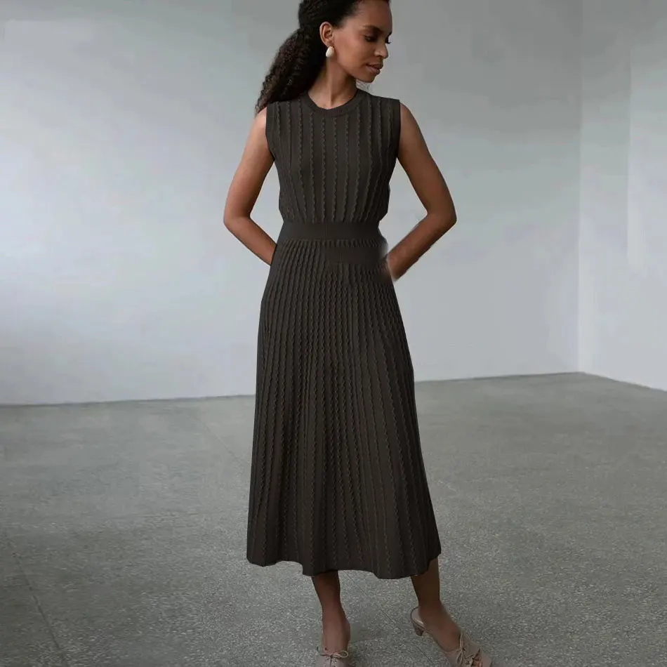 2024 Listing Elegant Striped Knit Dress Women O-neck Sleeveless A-line Dresses Club Evening Party Midi Vestido - Image 3