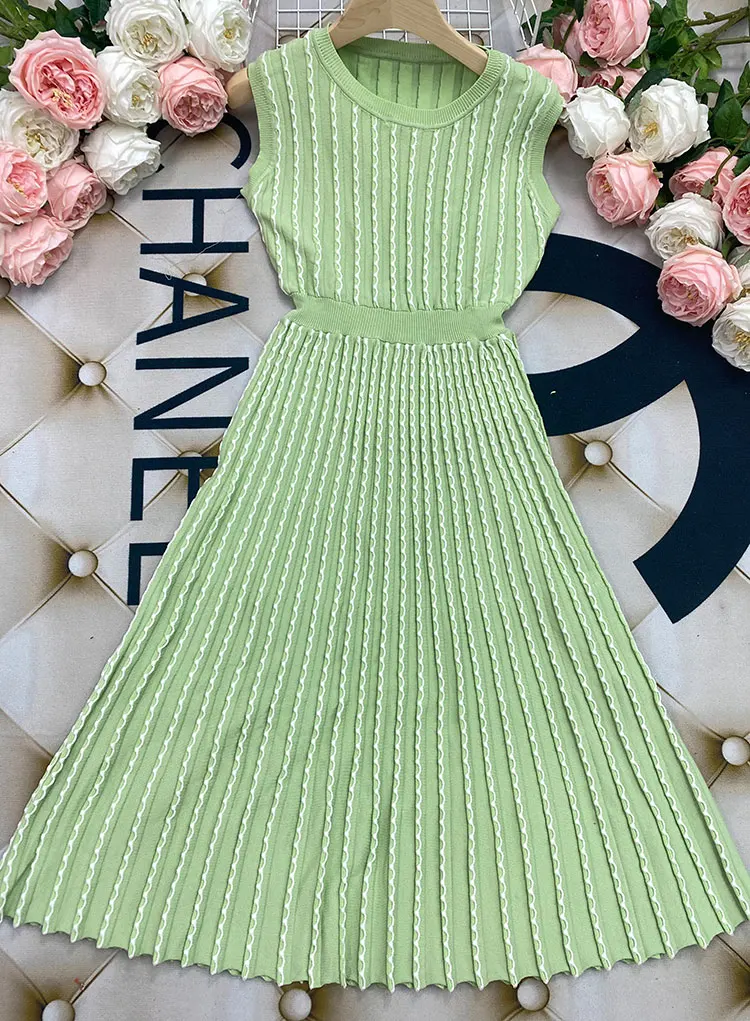 2024 Listing Elegant Striped Knit Dress Women O-neck Sleeveless A-line Dresses Club Evening Party Midi Vestido - Image 4