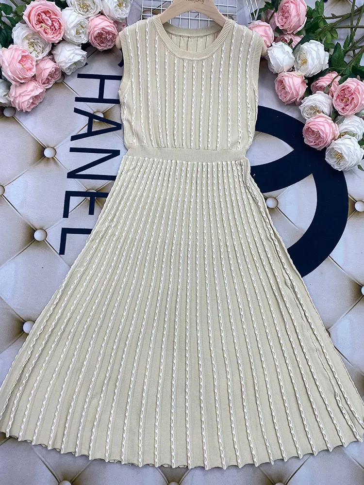 2024 Listing Elegant Striped Knit Dress Women O-neck Sleeveless A-line Dresses Club Evening Party Midi Vestido - Image 5