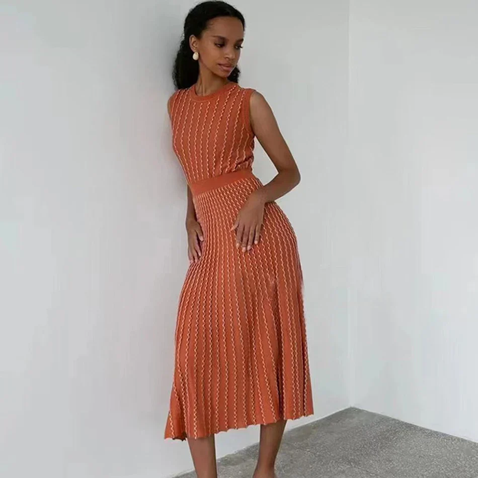 2024 Listing Elegant Striped Knit Dress Women O-neck Sleeveless A-line Dresses Club Evening Party Midi Vestido - Image 6