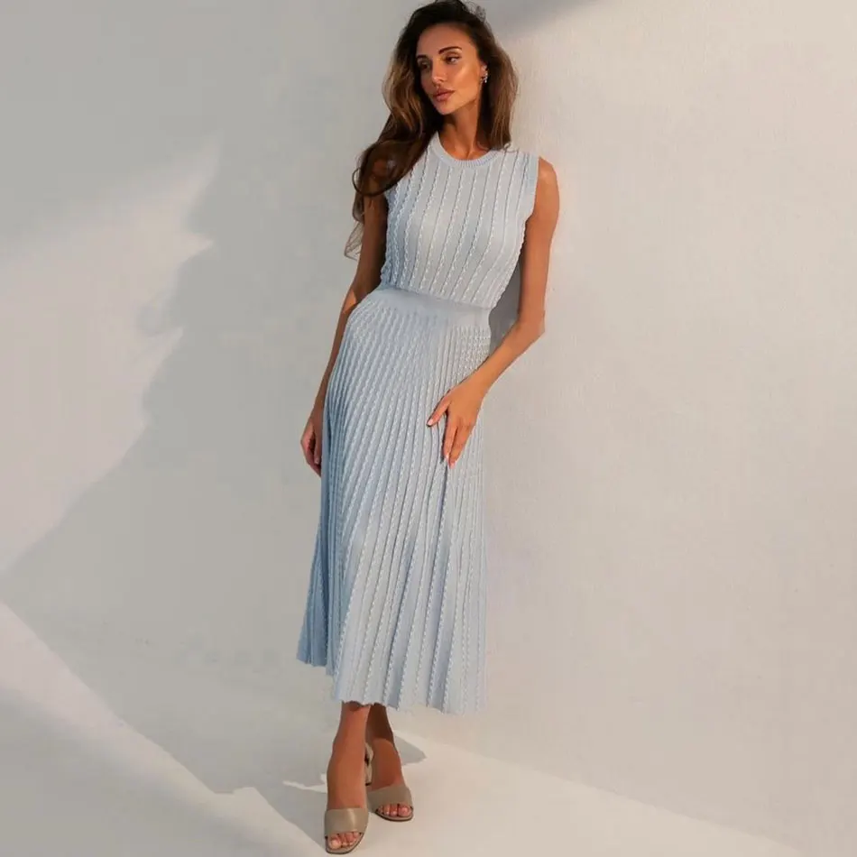 2024 Listing Elegant Striped Knit Dress Women O-neck Sleeveless A-line Dresses Club Evening Party Midi Vestido - Image 8