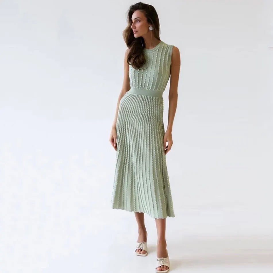 2024 Listing Elegant Striped Knit Dress Women O-neck Sleeveless A-line Dresses Club Evening Party Midi Vestido - Image 9