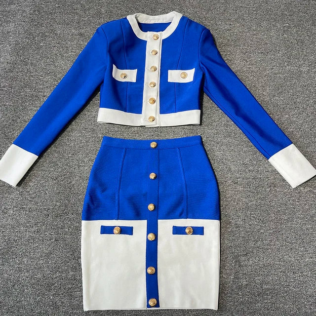 2024 Patchwork Black White O Neck Long Sleeves With Pockets Buttons Two Pieces Bandage Skirt Women Set - Image 11