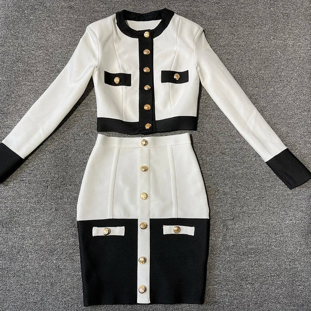 2024 Patchwork Black White O Neck Long Sleeves With Pockets Buttons Two Pieces Bandage Skirt Women Set - Image 3