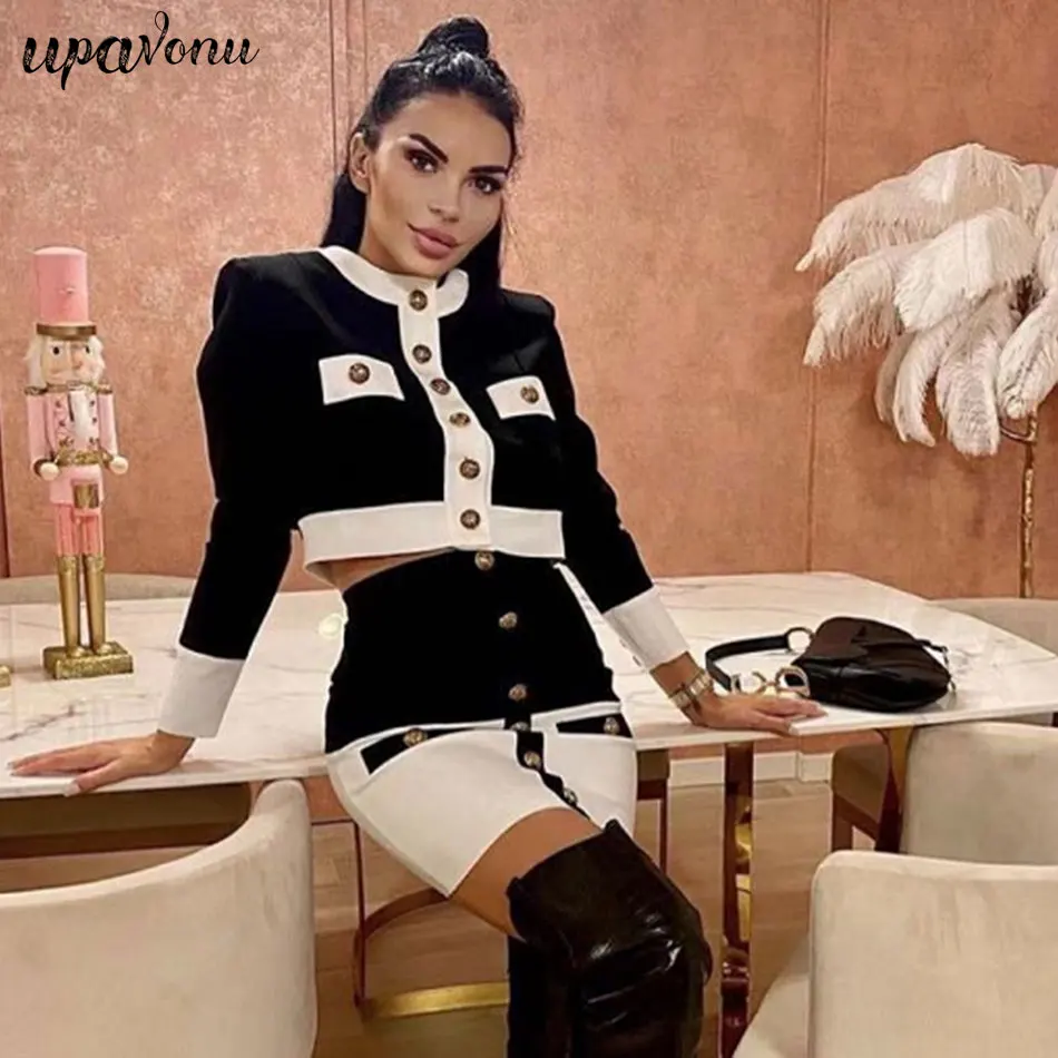 2024 Patchwork Black White O Neck Long Sleeves With Pockets Buttons Two Pieces Bandage Skirt Women Set - Image 5