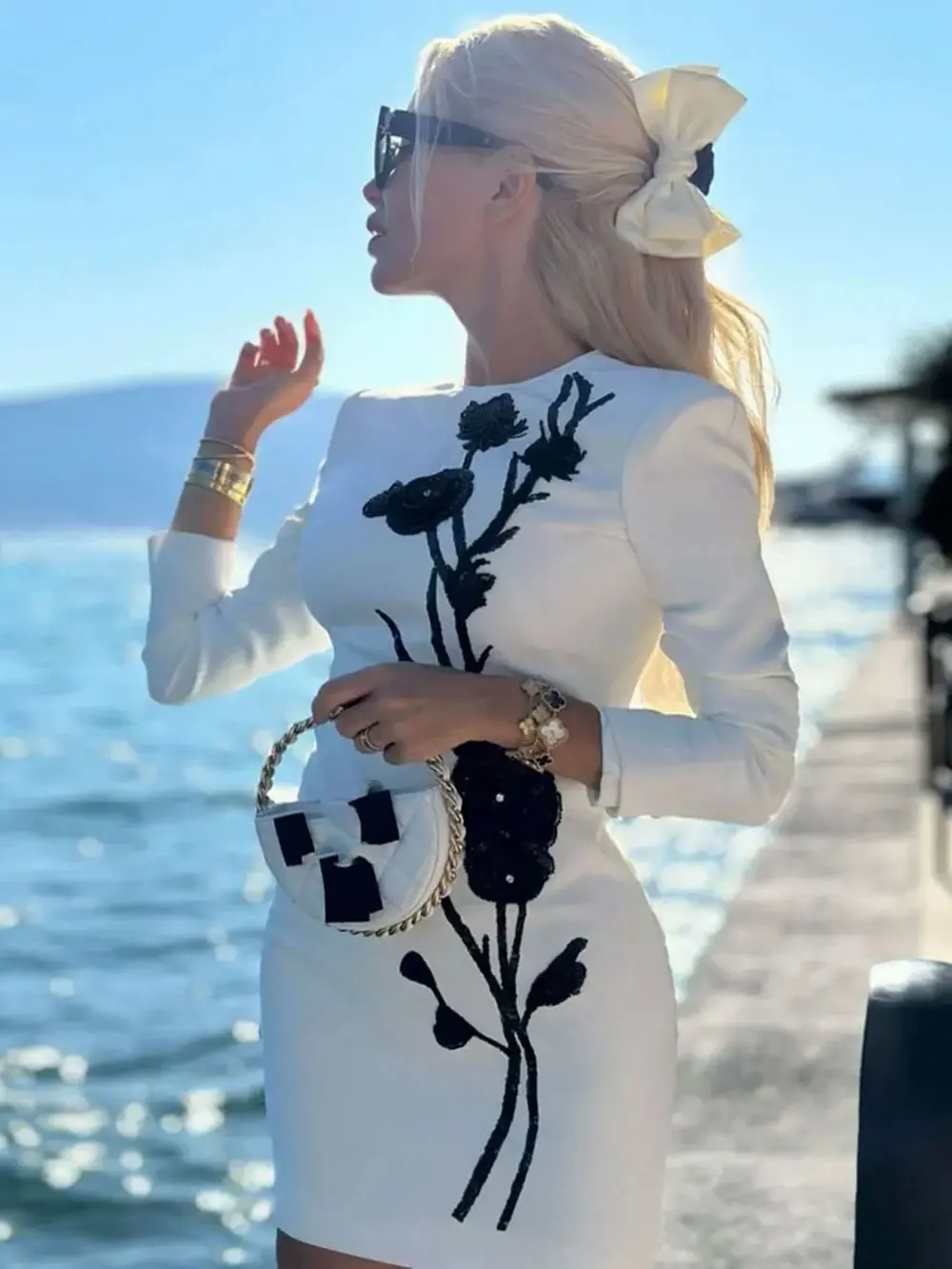 2024 Women Sequined Bead Flower Elegant Dress O-Neck Long Sleeved Bodycon Mini White Dress Celebrity Cocktail Party Vestidos - Image 7
