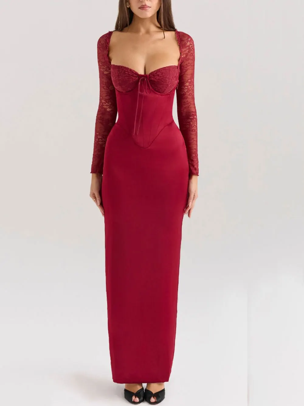 2024 Sexy Women Christmas Dress Strapless Lace Up Long Sleeved Bodycon Back Drawstring Design Long Dress Cocktail Party Vestidos - Image 3