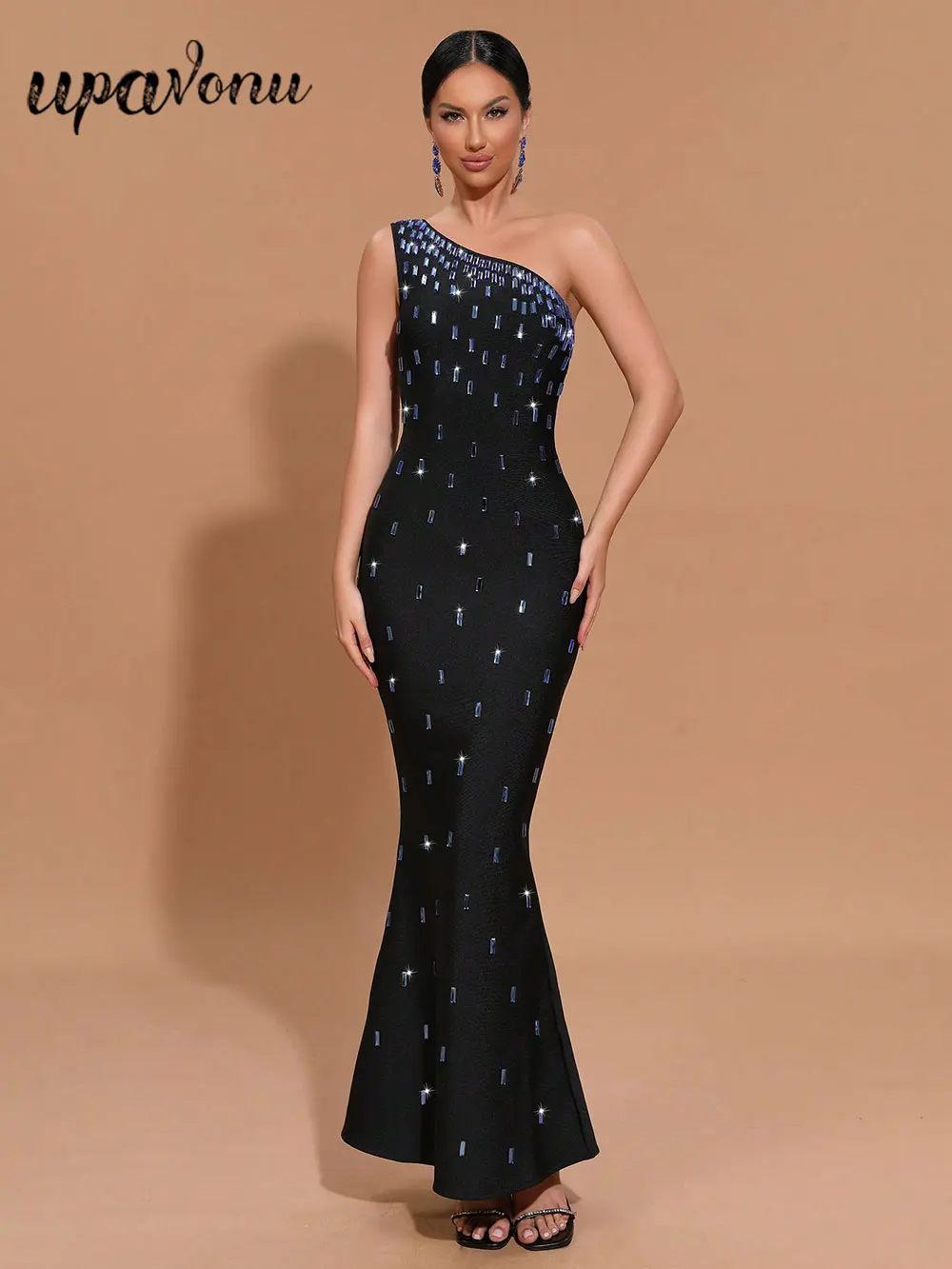2024 Sexy Women Light Luxury Nail Bead Bandage Dress One Shoulder Slant Neck Sleeveless Bodycon Tail Dress Evening Party Vestido