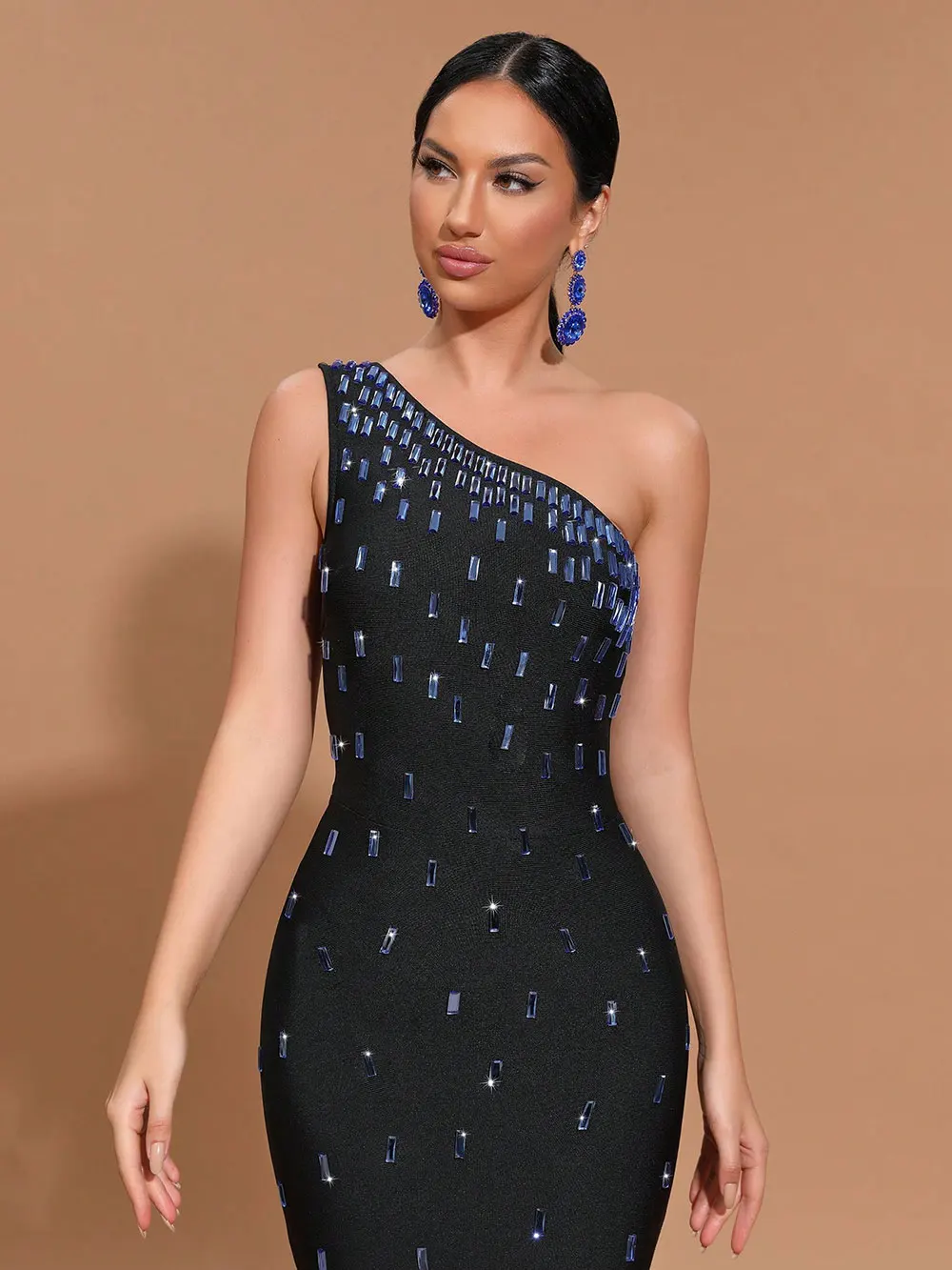 2024 Sexy Women Light Luxury Nail Bead Bandage Dress One Shoulder Slant Neck Sleeveless Bodycon Tail Dress Evening Party Vestido - Image 4