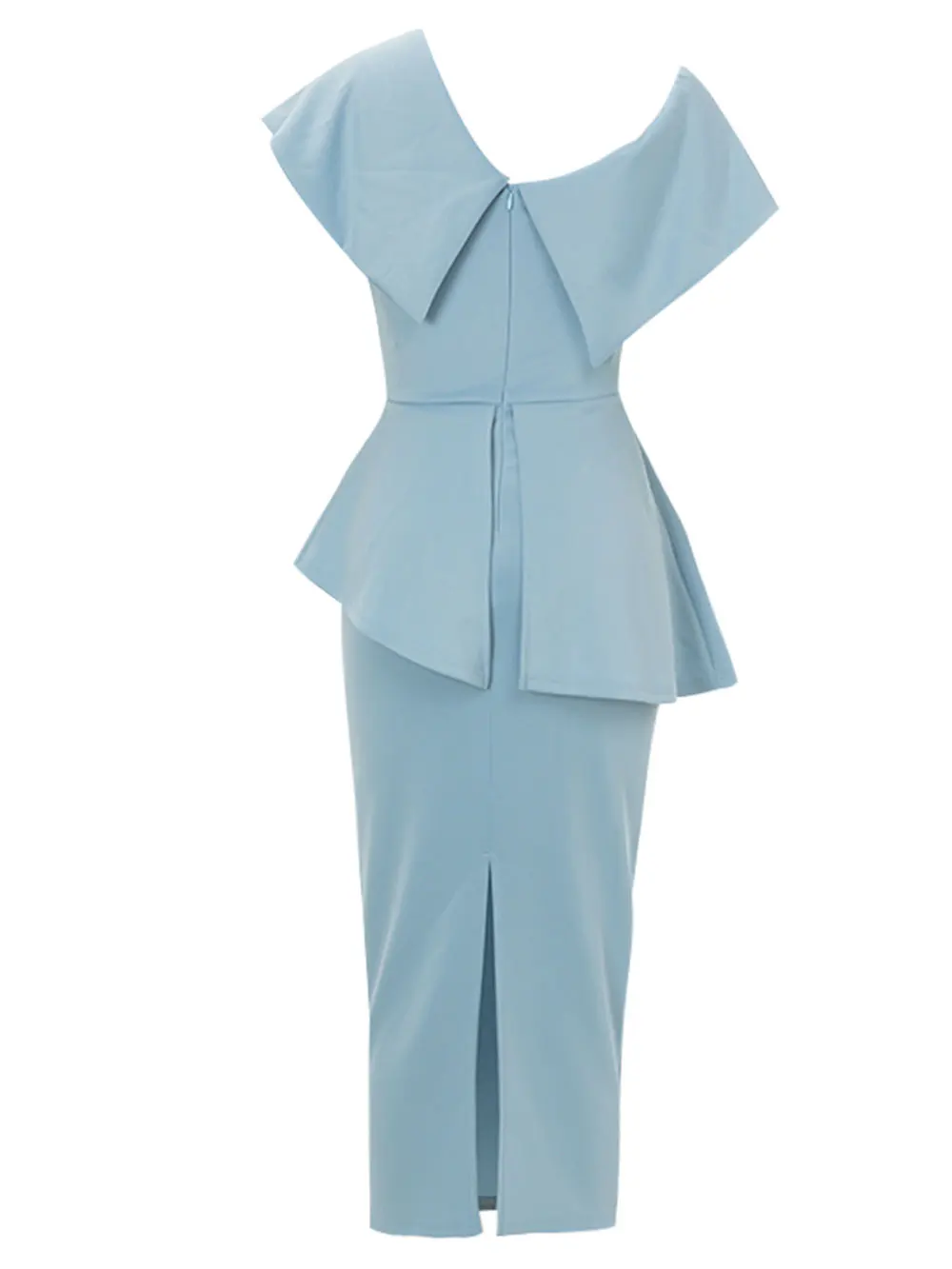 2024 Sexy Women Sky Blue Dress Off Shoulder Slant Neck Lotus Leaf Sleeve Button Design Bodycon Midi Dress Evening Party Vestidos - Image 4