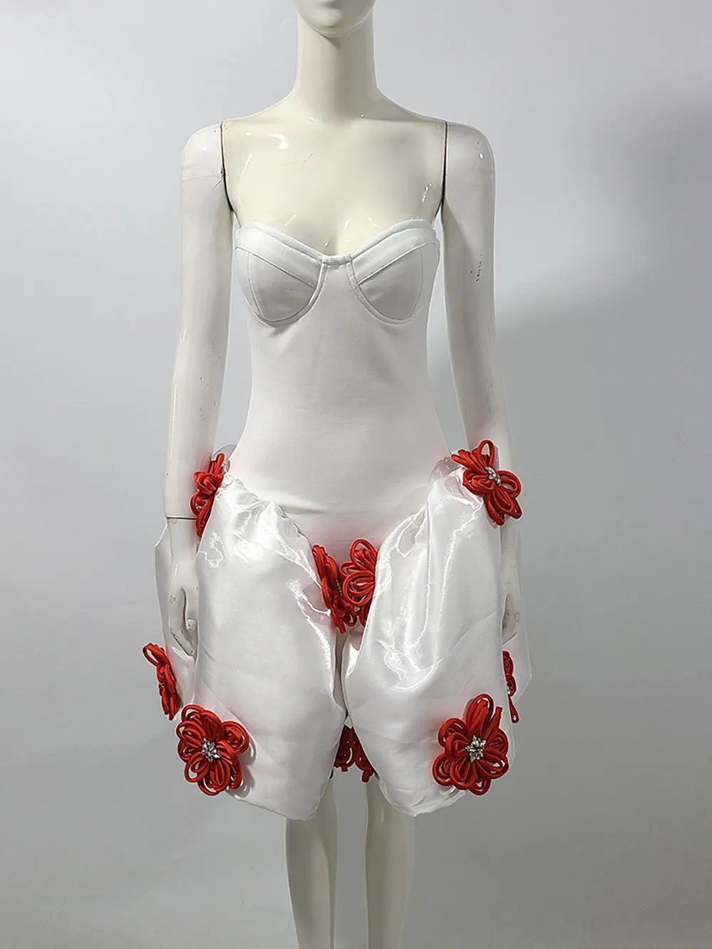 2024 Sexy Women's 3D Flower Decorative Puff Dress Strapless Sleeveless Backless A-line Mini Dress Cocktail Evening Party Vestido - Image 5