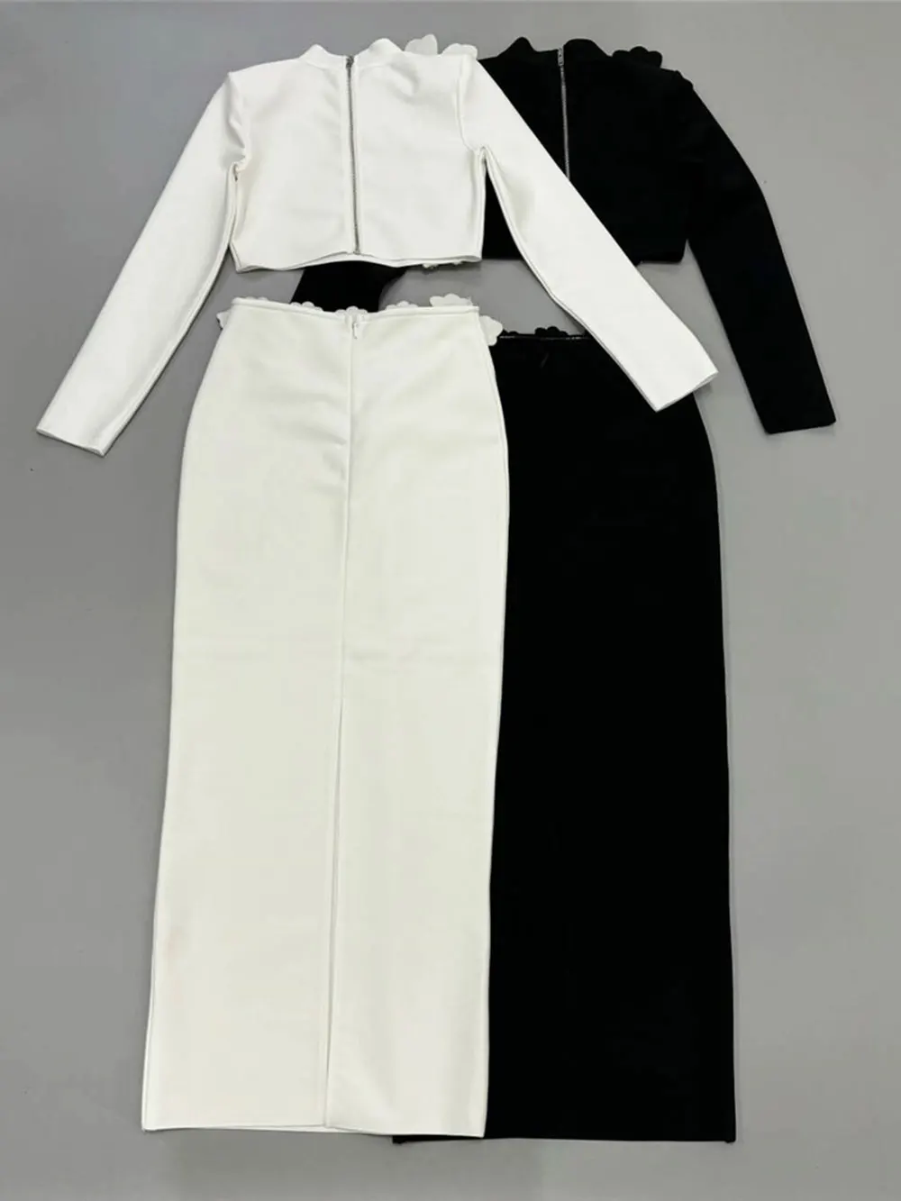 2024 Sexy Women's Bandage Skirt Set Stand up Collar Long Sleeve Nail Bead Water Diamond Short Top+Long Dress Two Piece Set - Image 3