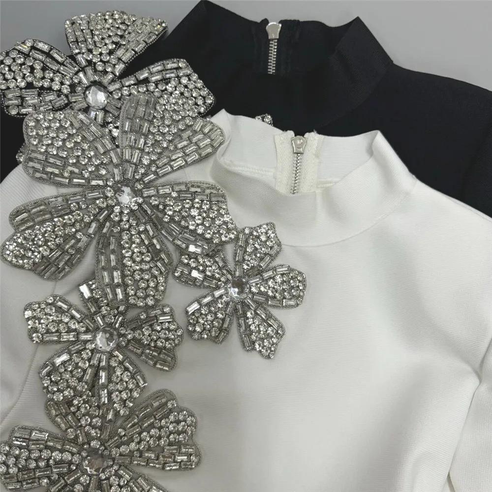 2024 Sexy Women's Bandage Skirt Set Stand up Collar Long Sleeve Nail Bead Water Diamond Short Top+Long Dress Two Piece Set - Image 4