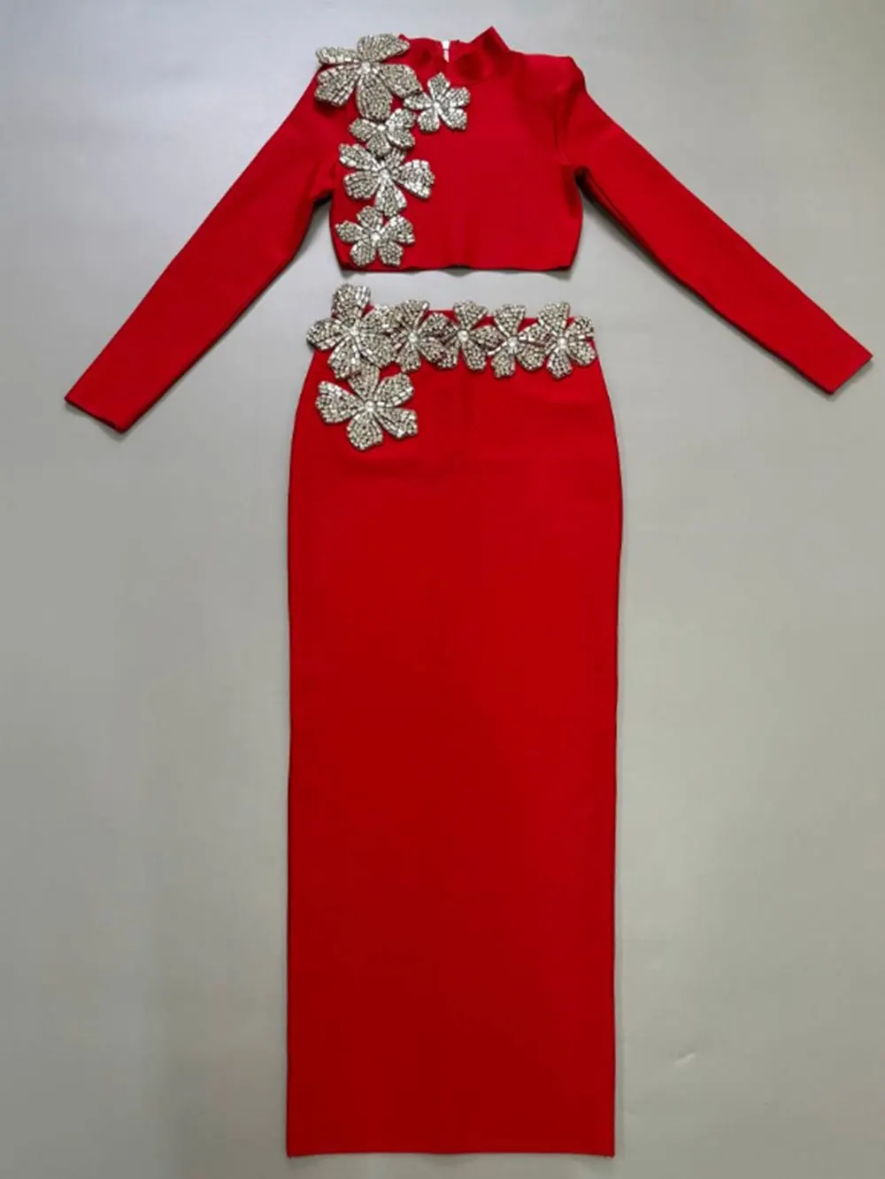 2024 Sexy Women's Bandage Skirt Set Stand up Collar Long Sleeve Nail Bead Water Diamond Short Top+Long Dress Two Piece Set - Image 5