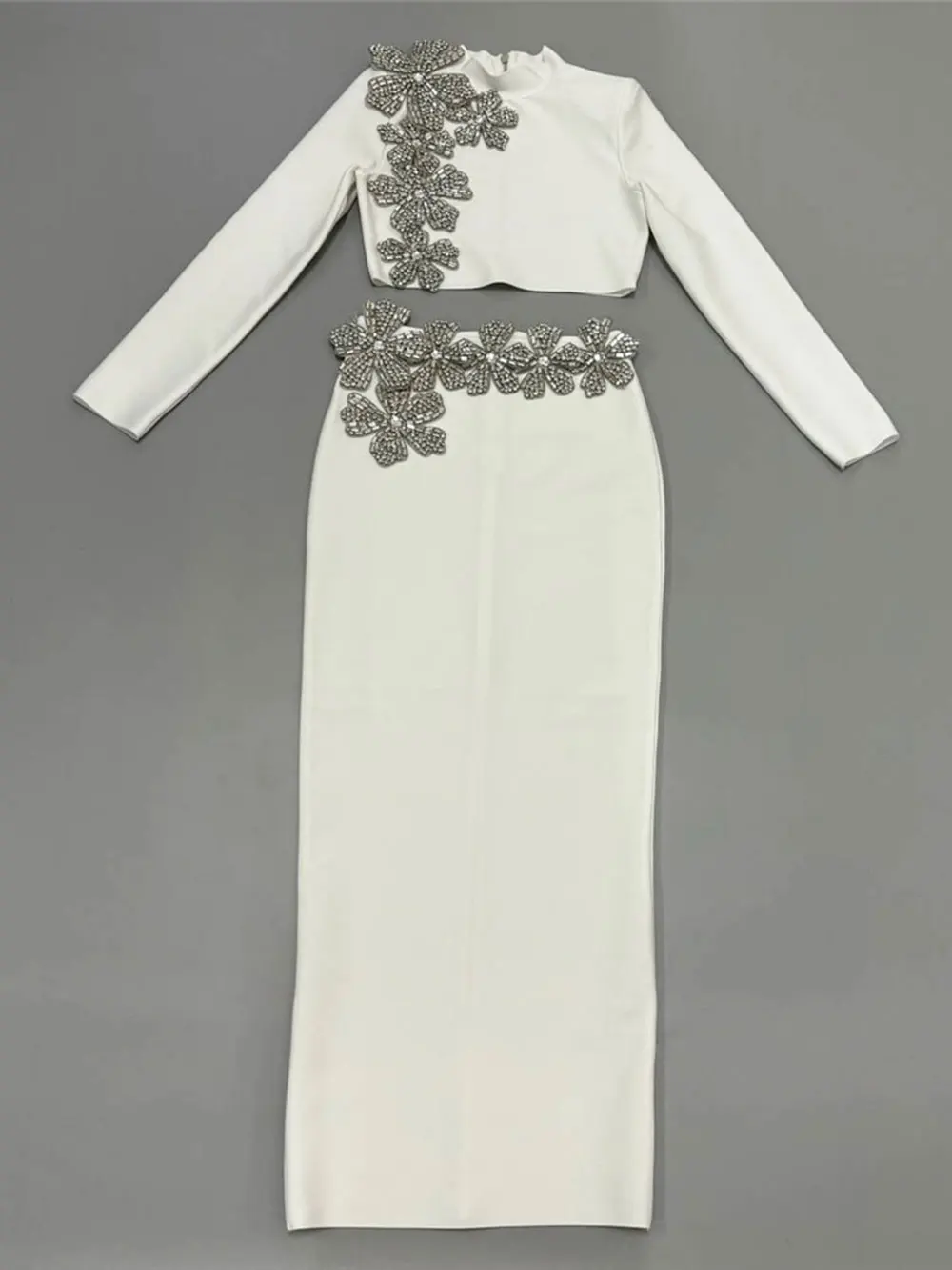 2024 Sexy Women's Bandage Skirt Set Stand up Collar Long Sleeve Nail Bead Water Diamond Short Top+Long Dress Two Piece Set - Image 7