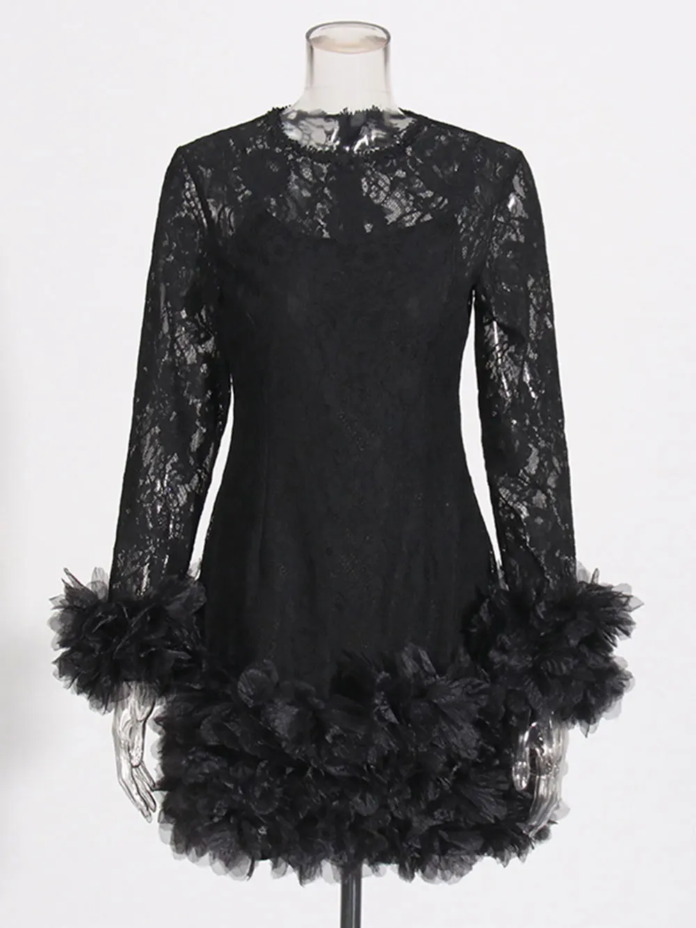 2024 Sexy Women's Black Lace Mini Dresses O-neck Long Sleeve Bodycon Stacked Mesh Design Dress Cocktail Evening Party Vestidos - Image 6