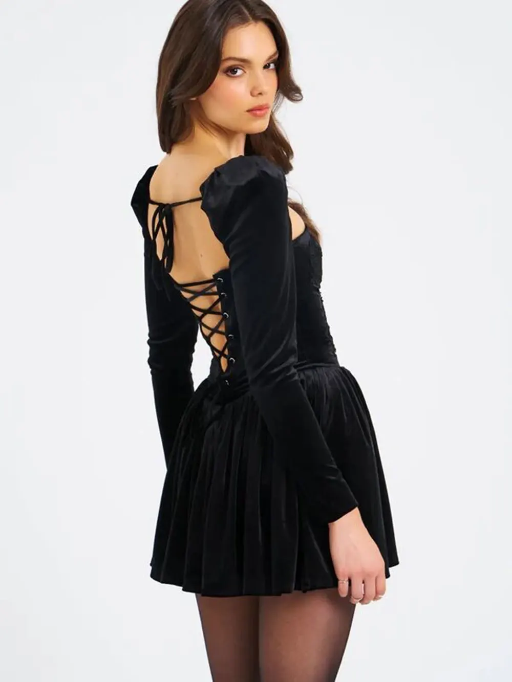 2024 Sexy Women's Christmas Dress Lace Square Collar Bubble Long Sleeve Slimming Bareback Drawstring pleated Mini Dress Vestidos - Image 3