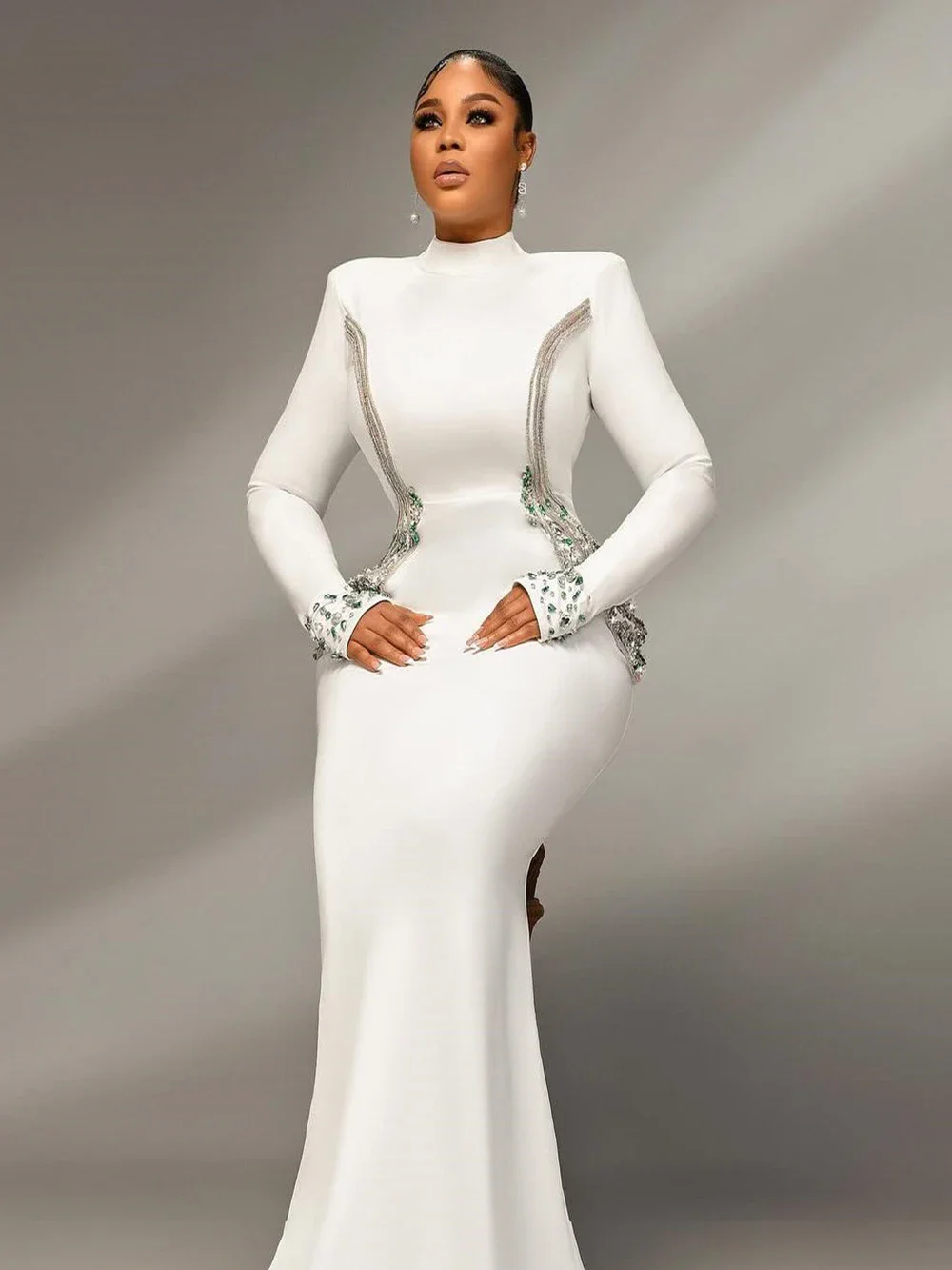 2024 Sexy Women's Heavy Industry Beaded Bandage Dress Bodycon Stand Collar Long Sleeve Midi Dress Cocktail Evening Party Vestido - Image 2