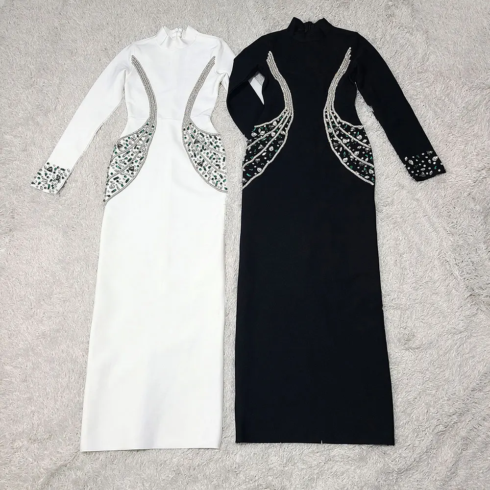 2024 Sexy Women's Heavy Industry Beaded Bandage Dress Bodycon Stand Collar Long Sleeve Midi Dress Cocktail Evening Party Vestido - Image 3