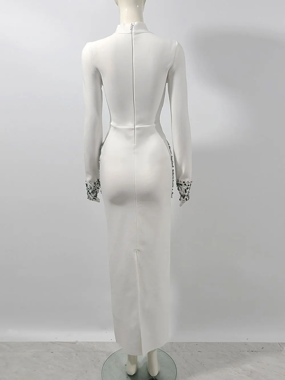 2024 Sexy Women's Heavy Industry Beaded Bandage Dress Bodycon Stand Collar Long Sleeve Midi Dress Cocktail Evening Party Vestido - Image 4