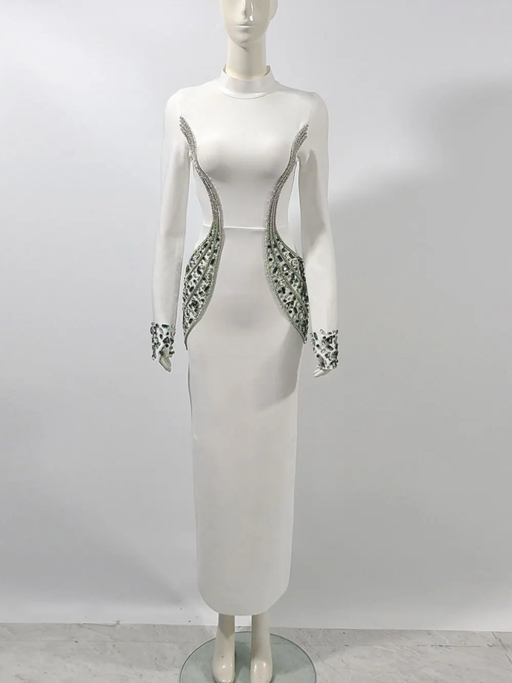 2024 Sexy Women's Heavy Industry Beaded Bandage Dress Bodycon Stand Collar Long Sleeve Midi Dress Cocktail Evening Party Vestido - Image 5