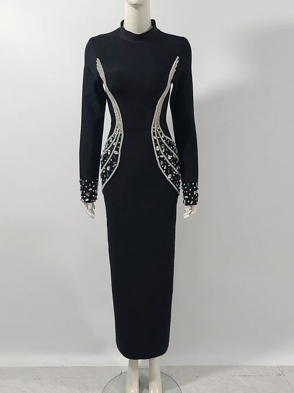 2024 Sexy Women's Heavy Industry Beaded Bandage Dress Bodycon Stand Collar Long Sleeve Midi Dress Cocktail Evening Party Vestido - Image 6