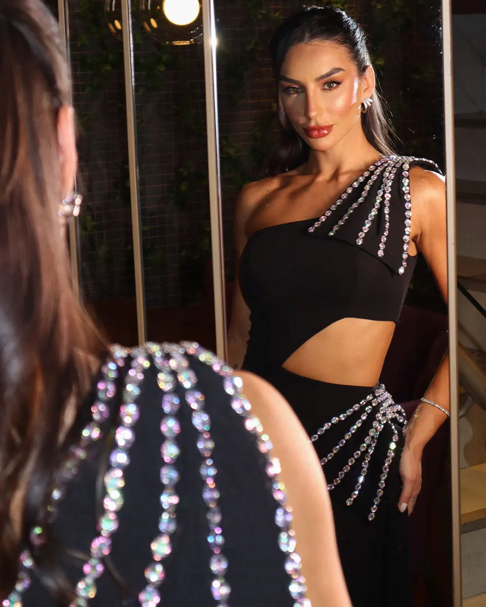 2024 Sexy Women's Light Luxury Nail Diamond Bandage Dress One Shoulder Slant Neck Bodycon Waist Long Dress Evening Party Vestido - Image 3