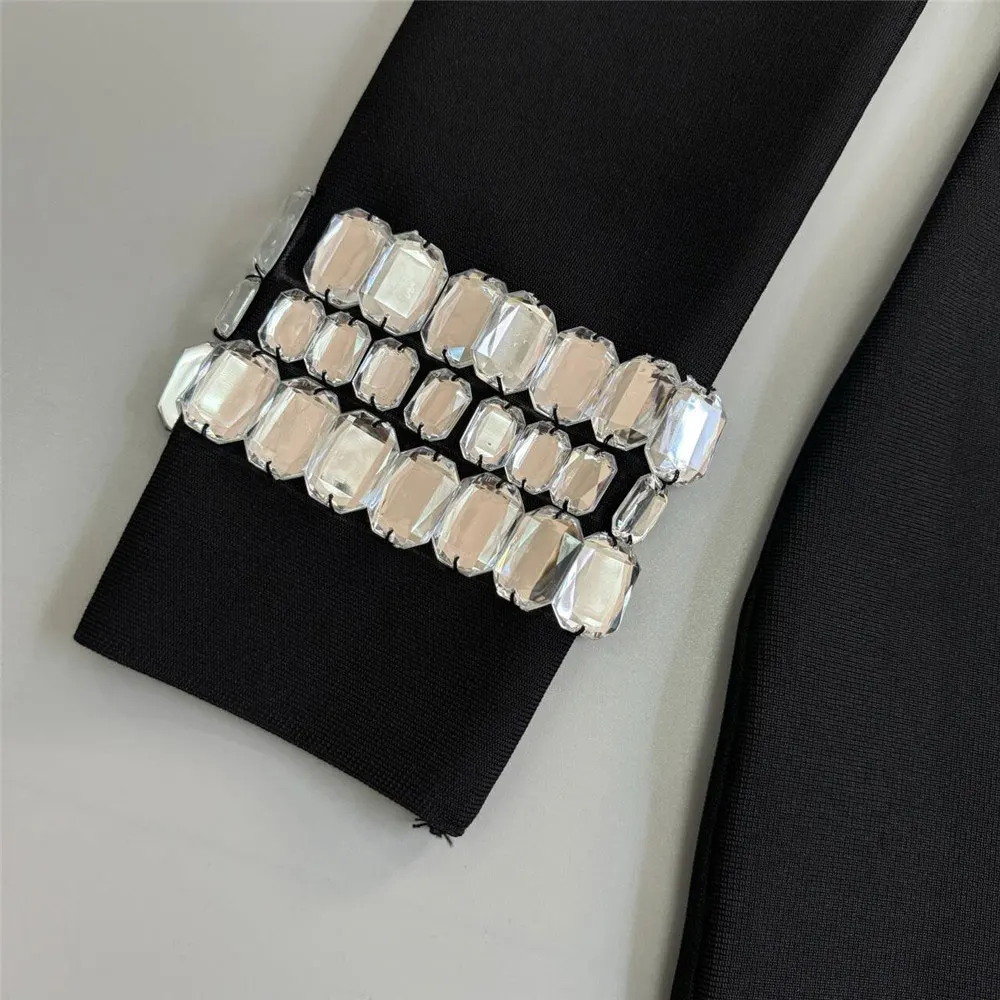 2024 Sexy Women's Light Luxury Patchwork Nail Diamond Design Bandage Dress One Collar Shoulder Long Sleeve Bodycon Long Dresses - Image 6