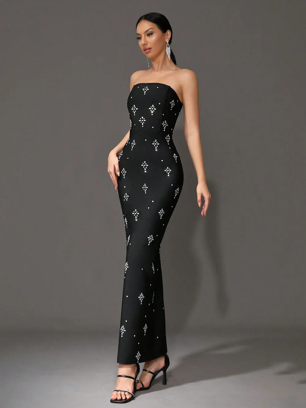 2024 Sexy Women'S Light Luxury Rhinestone Bandage Dress Strapless Sleeveless Bodycon Backless Long Dress Christmas Party Vestido - Image 3